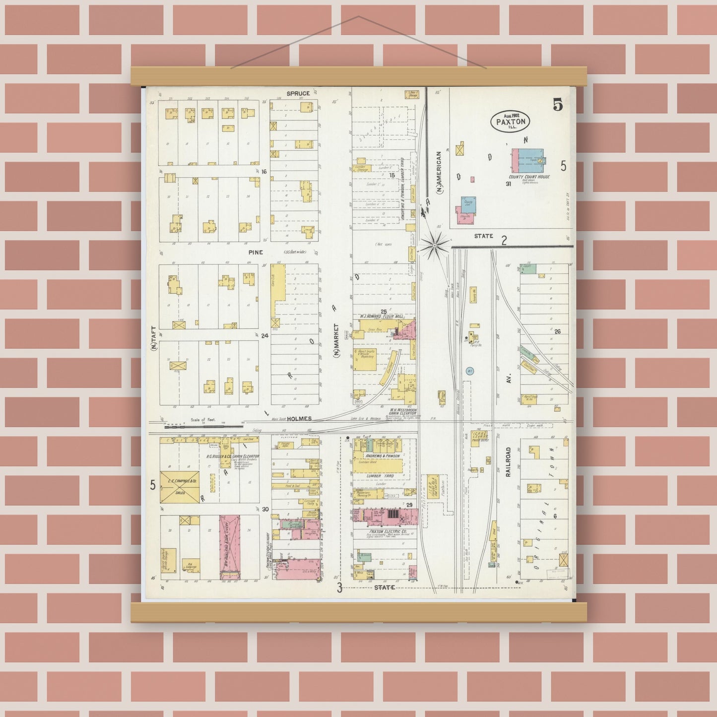 Old map wall art mockup — magnetic wood frame on brick wall — Sanborn Fire Insurance Map from Paxton, Ford County, Illinois (1902), Sheet #0005
