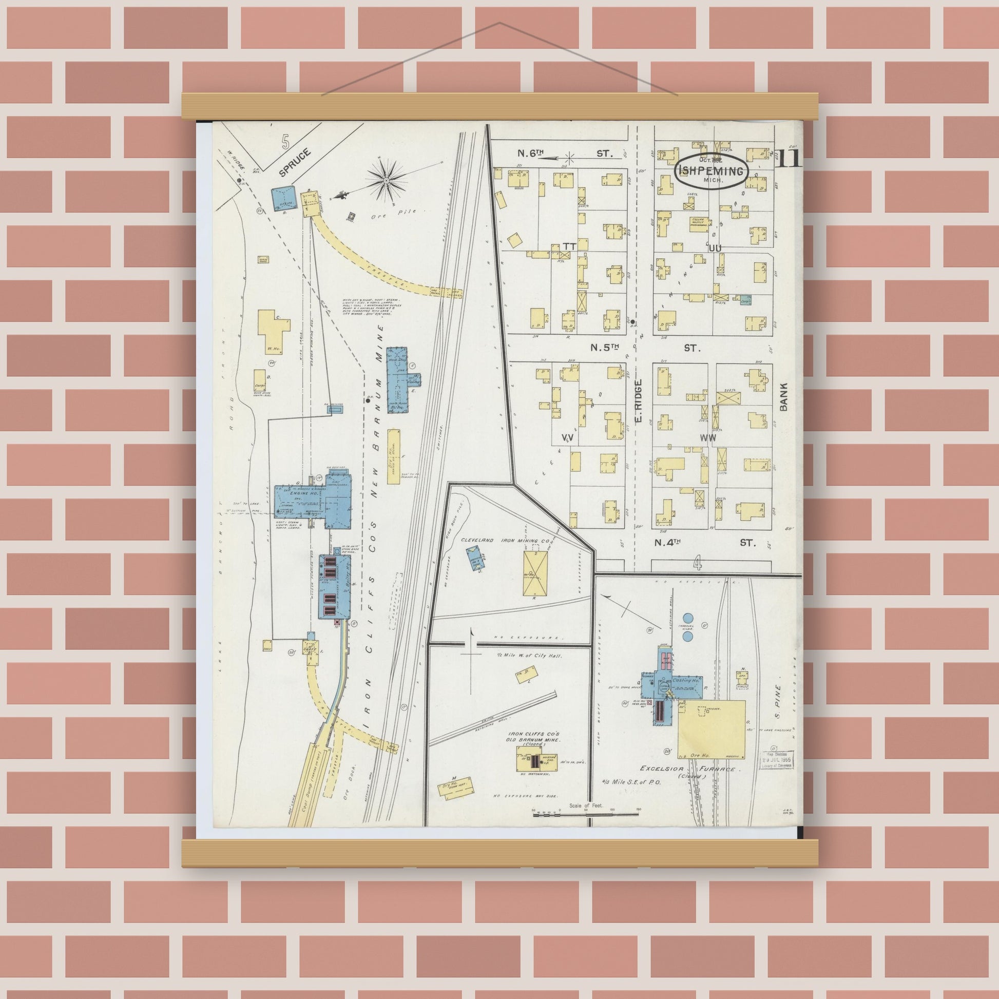 Old map wall art mockup — magnetic wood frame on brick wall — Sanborn Fire Insurance Map from Ishpeming, Marquette County, Michigan (1892), Sheet #0011