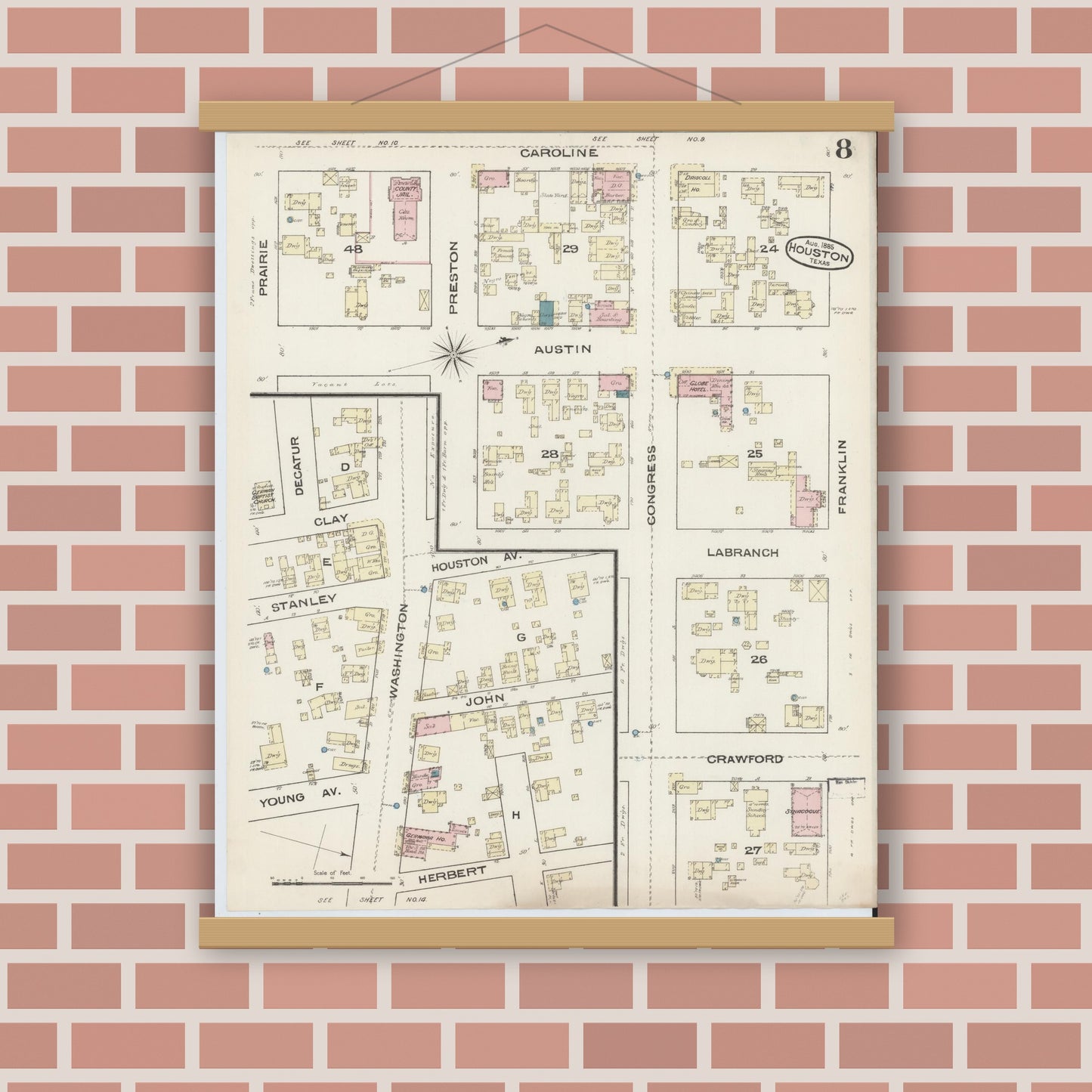 Old map wall art mockup — magnetic wood frame on brick wall — Sanborn Fire Insurance Map from Houston, Harris County, Texas (1885), Sheet #0008