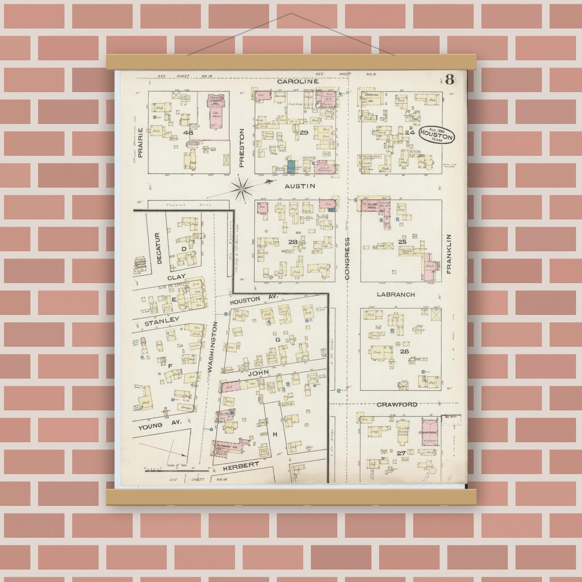 Old map wall art mockup — magnetic wood frame on brick wall — Sanborn Fire Insurance Map from Houston, Harris County, Texas (1885), Sheet #0008