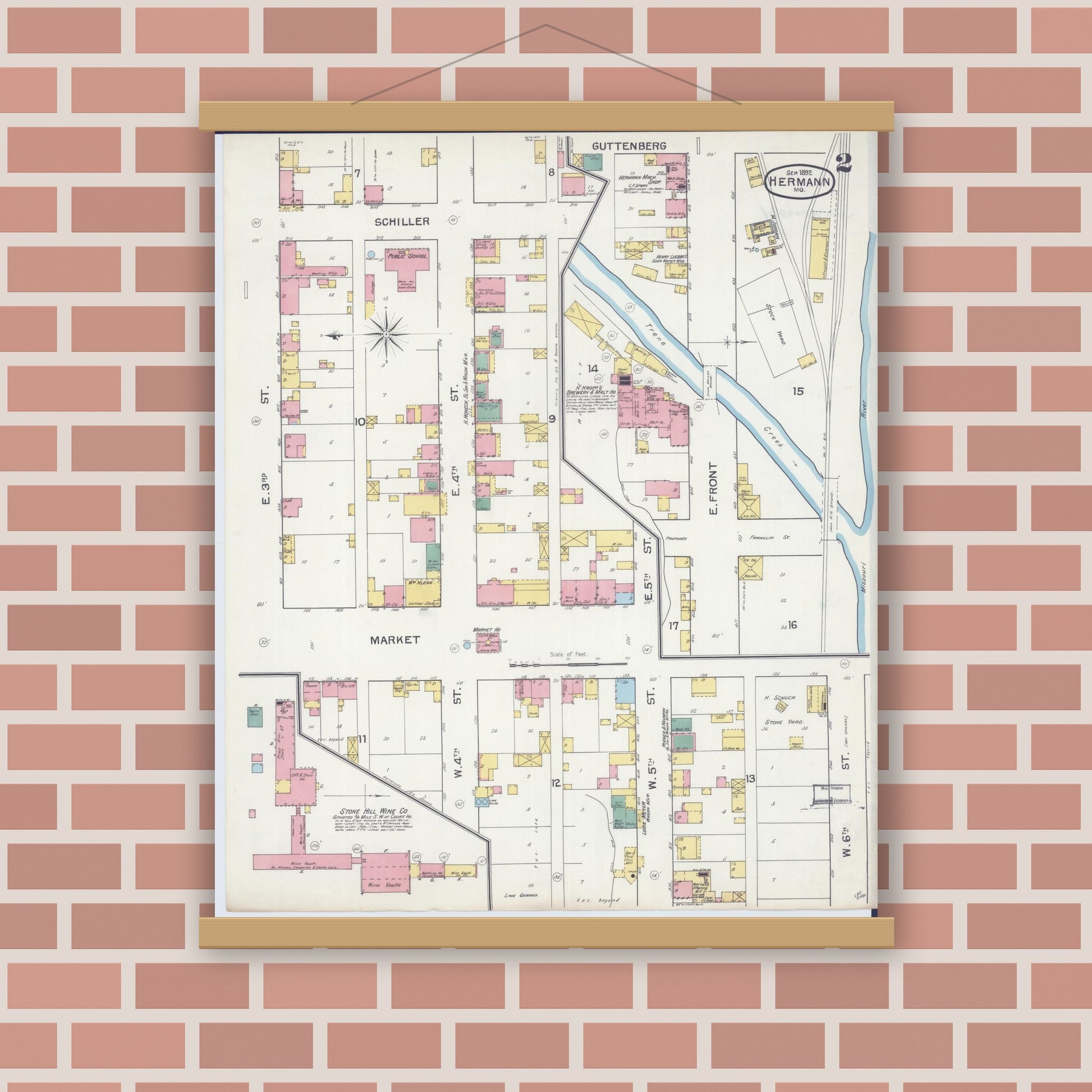 Old map wall art mockup — magnetic wood frame on brick wall — Sanborn Fire Insurance Map from Hermann, Gasconade County, Missouri (1892), Sheet #0002
