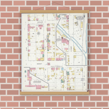 Old map wall art mockup — magnetic wood frame on brick wall — Sanborn Fire Insurance Map from Hermann, Gasconade County, Missouri (1892), Sheet #0002
