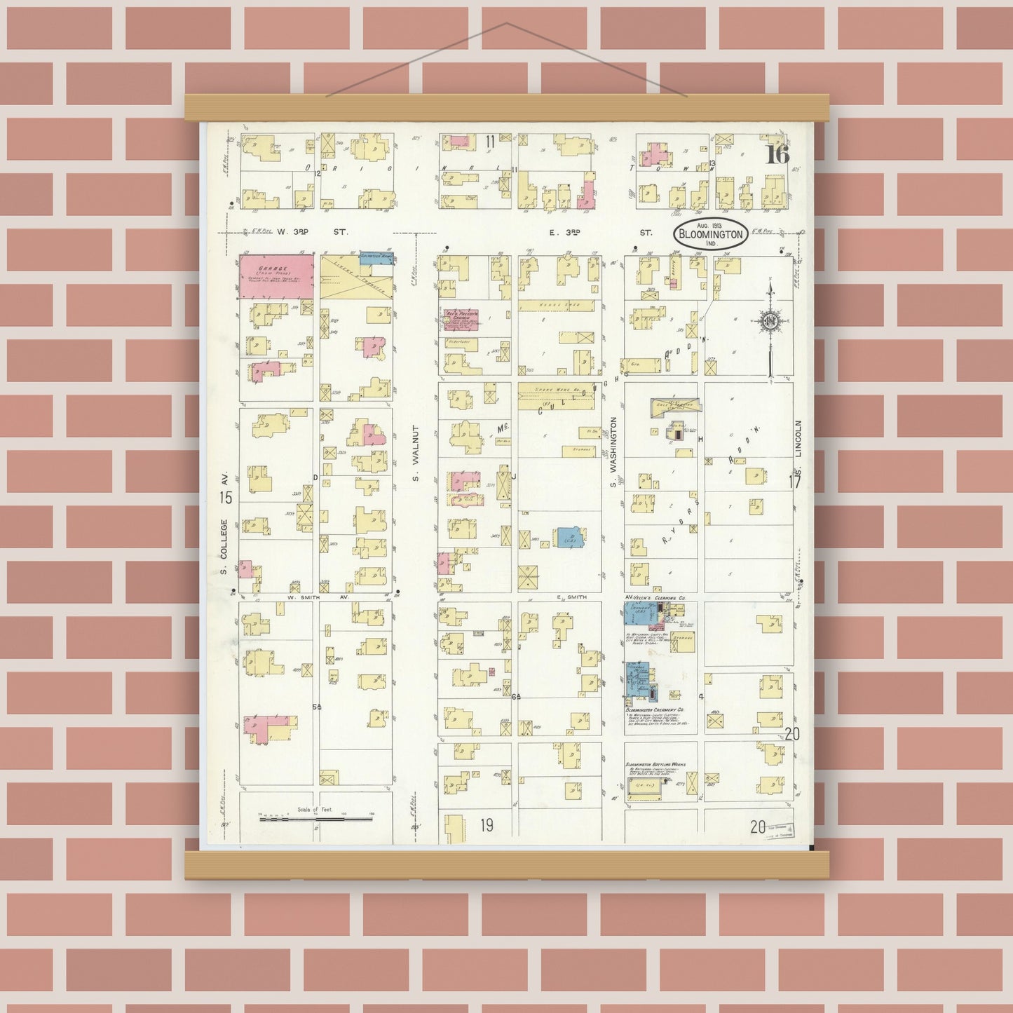 Old map wall art mockup — magnetic wood frame on brick wall — Sanborn Fire Insurance Map from Bloomington, Monroe County, Indiana (1913), Sheet #0016