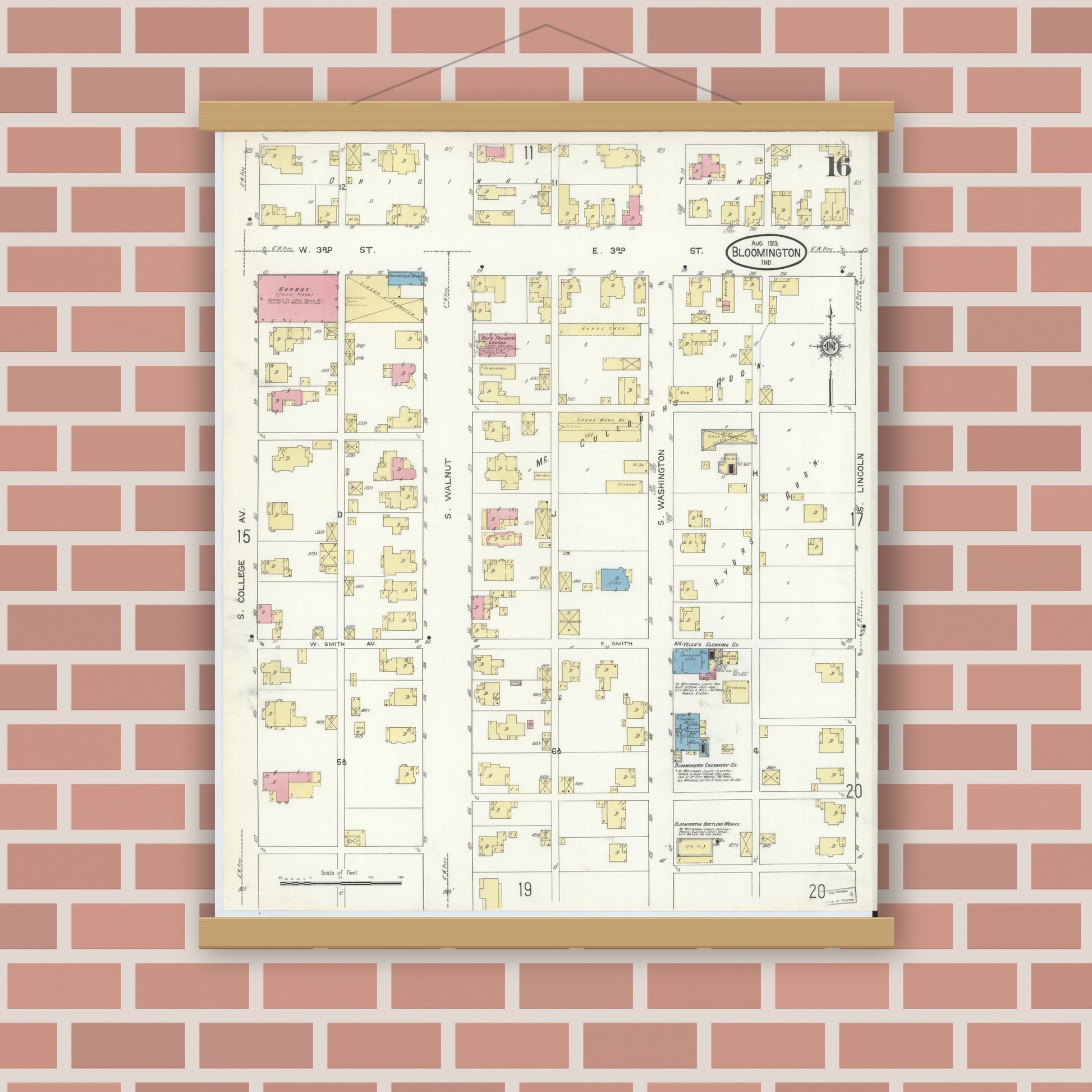 Old map wall art mockup — magnetic wood frame on brick wall — Sanborn Fire Insurance Map from Bloomington, Monroe County, Indiana (1913), Sheet #0016