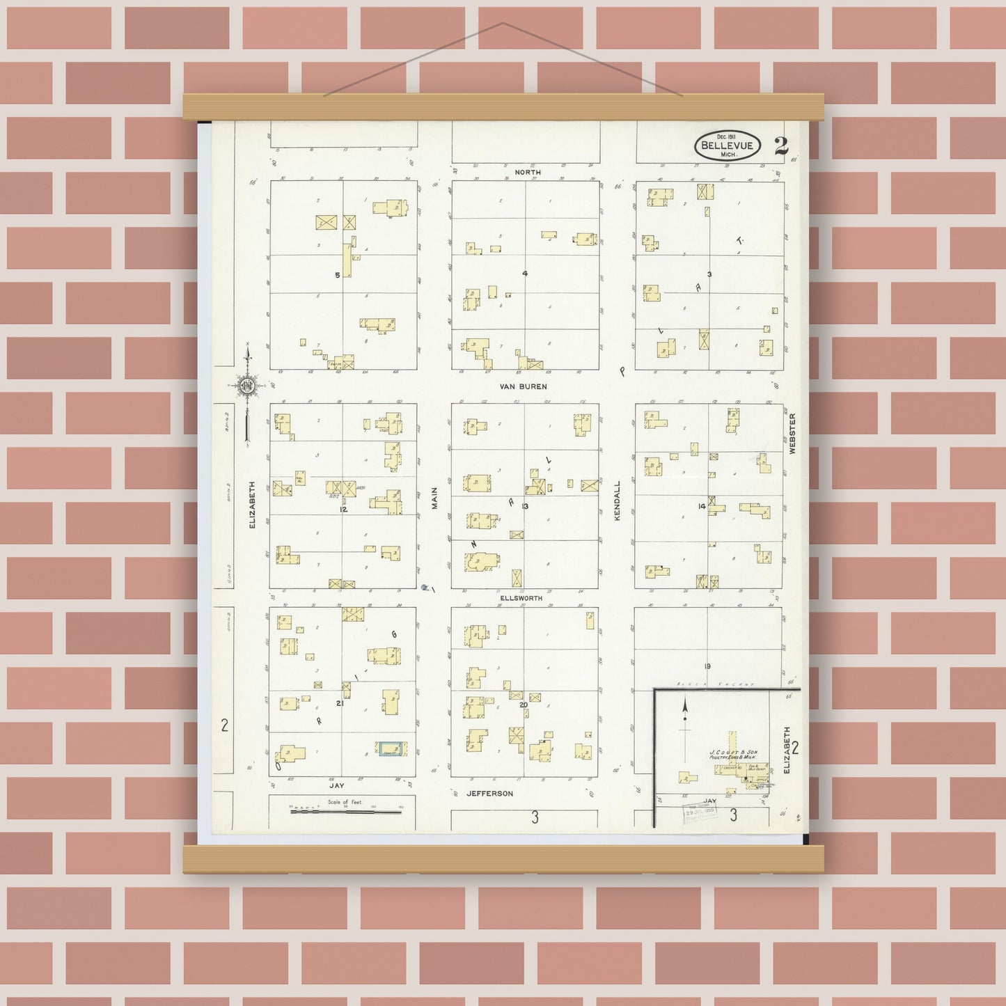 Old map wall art mockup — magnetic wood frame on brick wall — Sanborn Fire Insurance Map from Bellevue, Eaton County, Michigan (1911), Sheet #0002