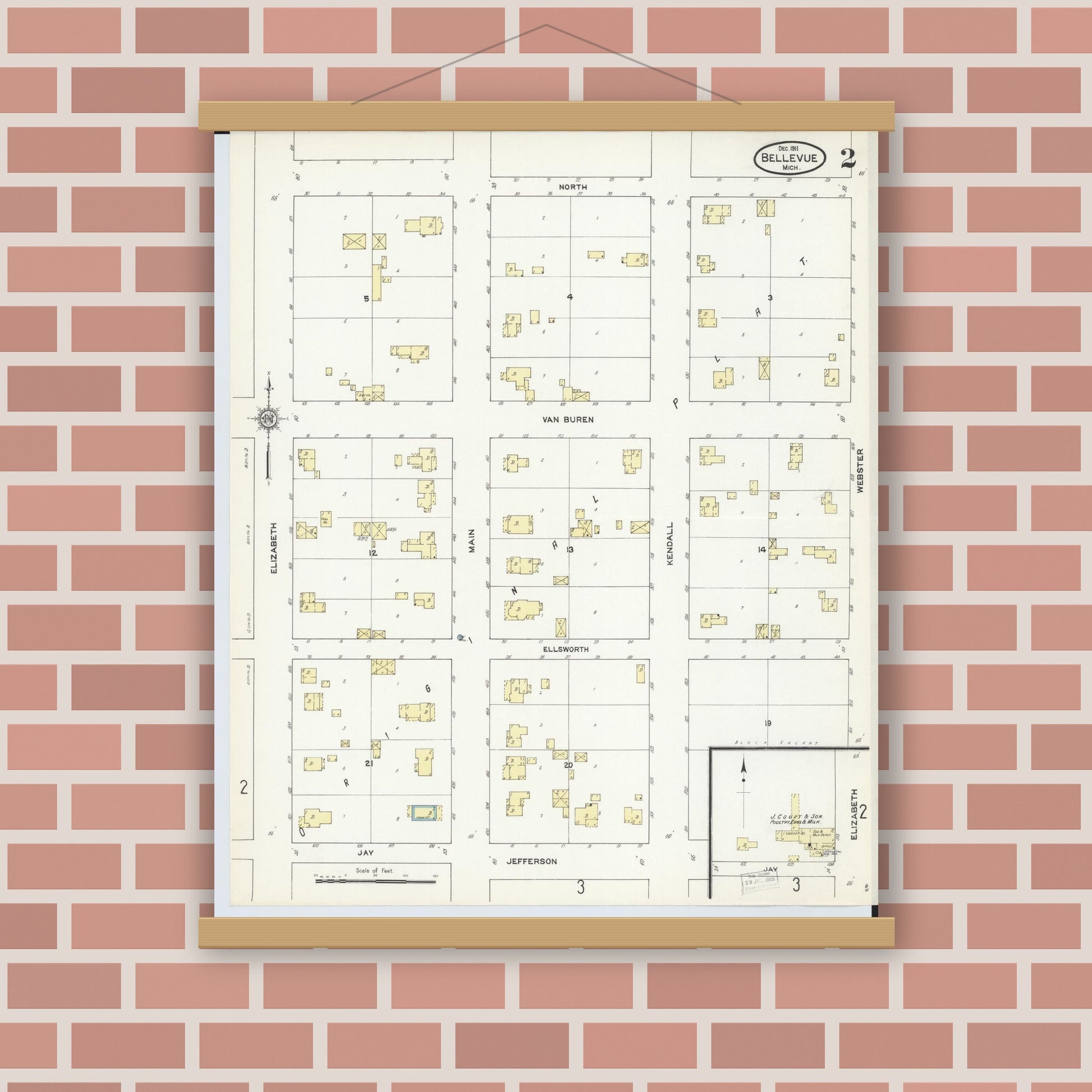 Old map wall art mockup — magnetic wood frame on brick wall — Sanborn Fire Insurance Map from Bellevue, Eaton County, Michigan (1911), Sheet #0002