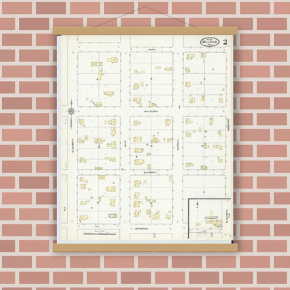 Old map wall art mockup — magnetic wood frame on brick wall — Sanborn Fire Insurance Map from Bellevue, Eaton County, Michigan (1911), Sheet #0002