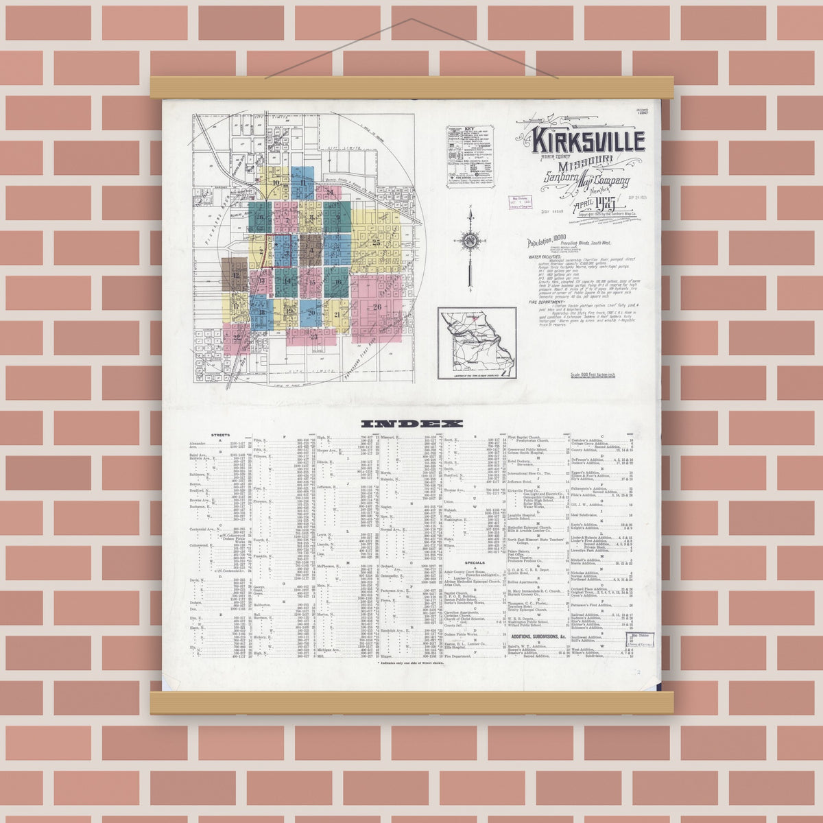 Old map wall art mockup — magnetic wood frame on brick wall — Sanborn Fire Insurance Map from Kirksville, Adair County, Missouri (1925) - Complete Map Set