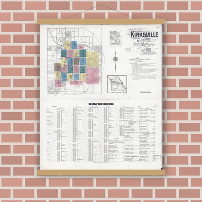 Old map wall art mockup — magnetic wood frame on brick wall — Sanborn Fire Insurance Map from Kirksville, Adair County, Missouri (1925) - Complete Map Set