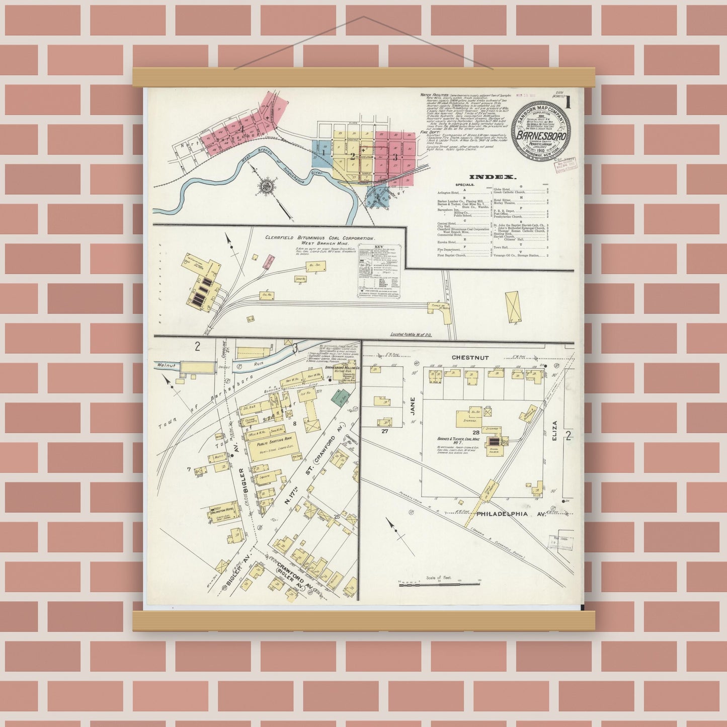 Old map wall art mockup — magnetic wood frame on brick wall — Sanborn Fire Insurance Map from Barnesboro, Cambria County, Pennsylvania (1910), Sheet #0001