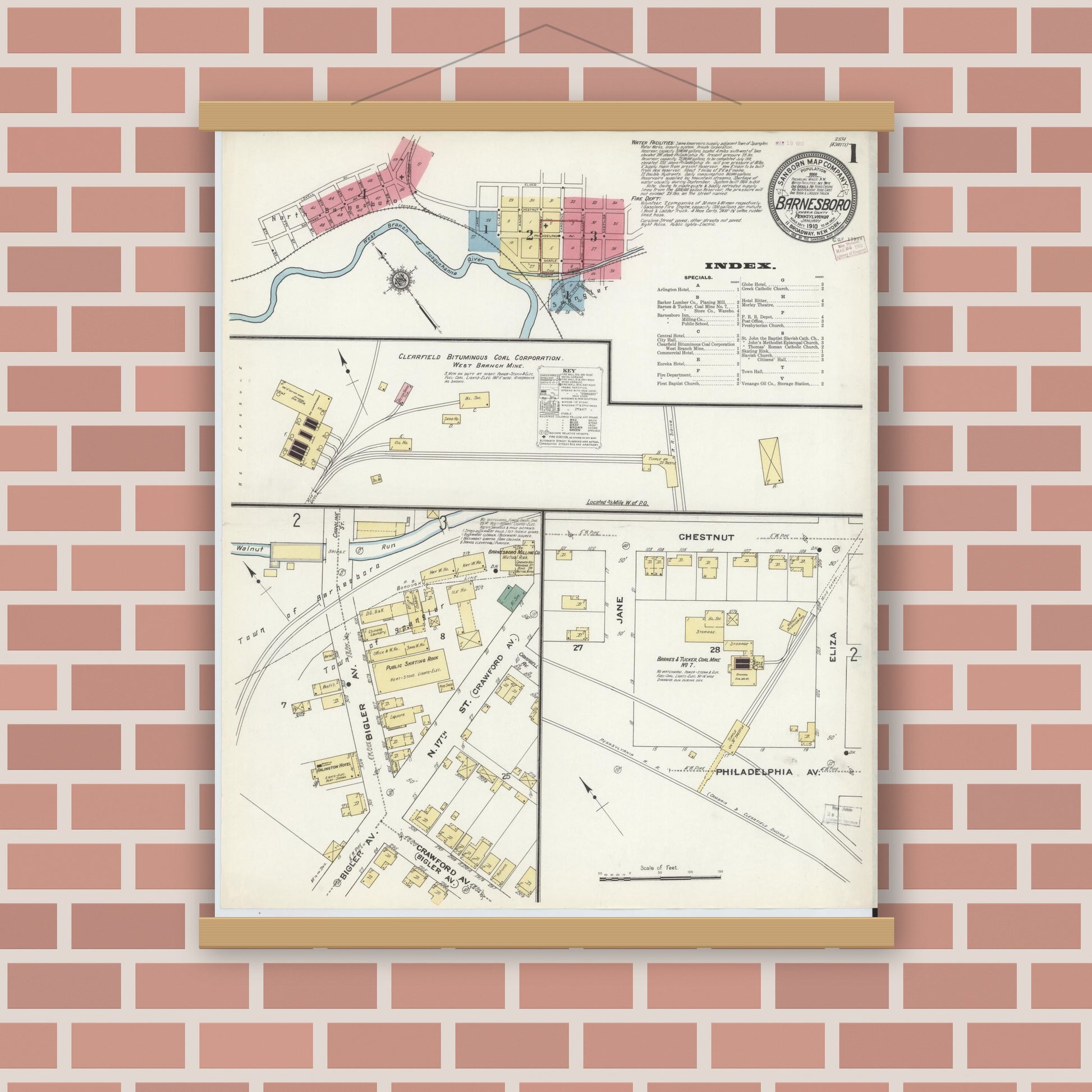 Old map wall art mockup — magnetic wood frame on brick wall — Sanborn Fire Insurance Map from Barnesboro, Cambria County, Pennsylvania (1910), Sheet #0001