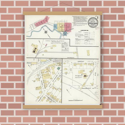 Old map wall art mockup — magnetic wood frame on brick wall — Sanborn Fire Insurance Map from Barnesboro, Cambria County, Pennsylvania (1910), Sheet #0001