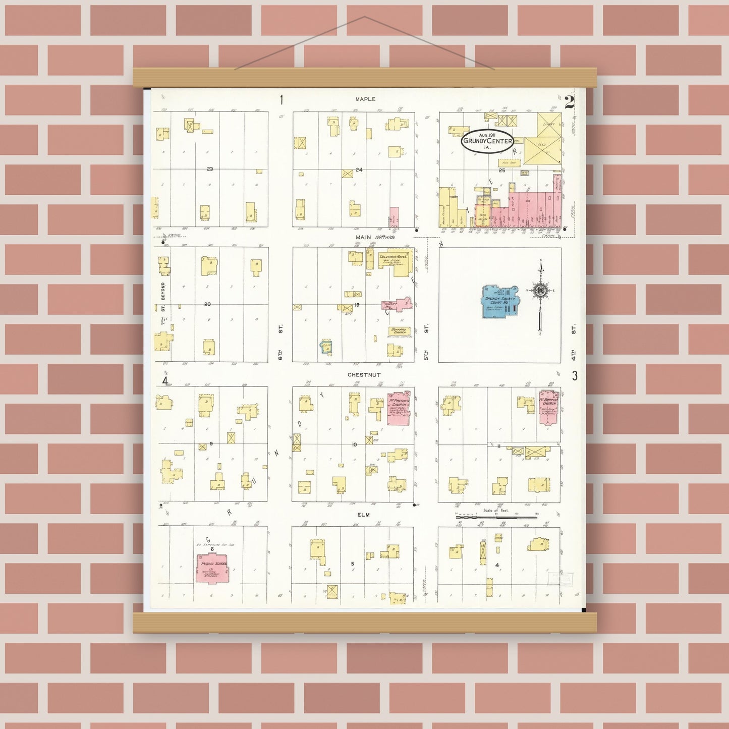 Old map wall art mockup — magnetic wood frame on brick wall — Sanborn Fire Insurance Map from Grundy Center, Grundy County, Iowa (1911), Sheet #0002