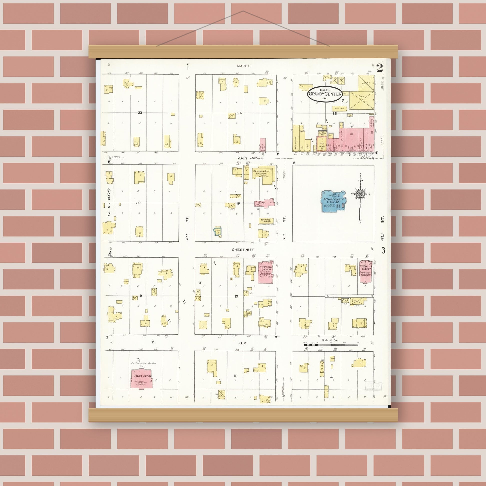 Old map wall art mockup — magnetic wood frame on brick wall — Sanborn Fire Insurance Map from Grundy Center, Grundy County, Iowa (1911), Sheet #0002