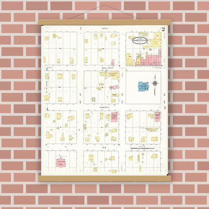 Old map wall art mockup — magnetic wood frame on brick wall — Sanborn Fire Insurance Map from Grundy Center, Grundy County, Iowa (1911), Sheet #0002