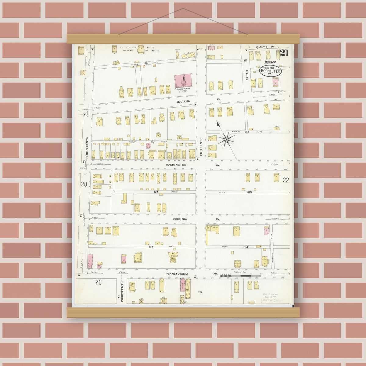 Old map wall art mockup — magnetic wood frame on brick wall — Sanborn Fire Insurance Map from Rochester, Beaver County, Pennsylvania (1908), Sheet #0020