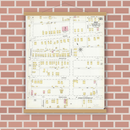 Old map wall art mockup — magnetic wood frame on brick wall — Sanborn Fire Insurance Map from Rochester, Beaver County, Pennsylvania (1908), Sheet #0020