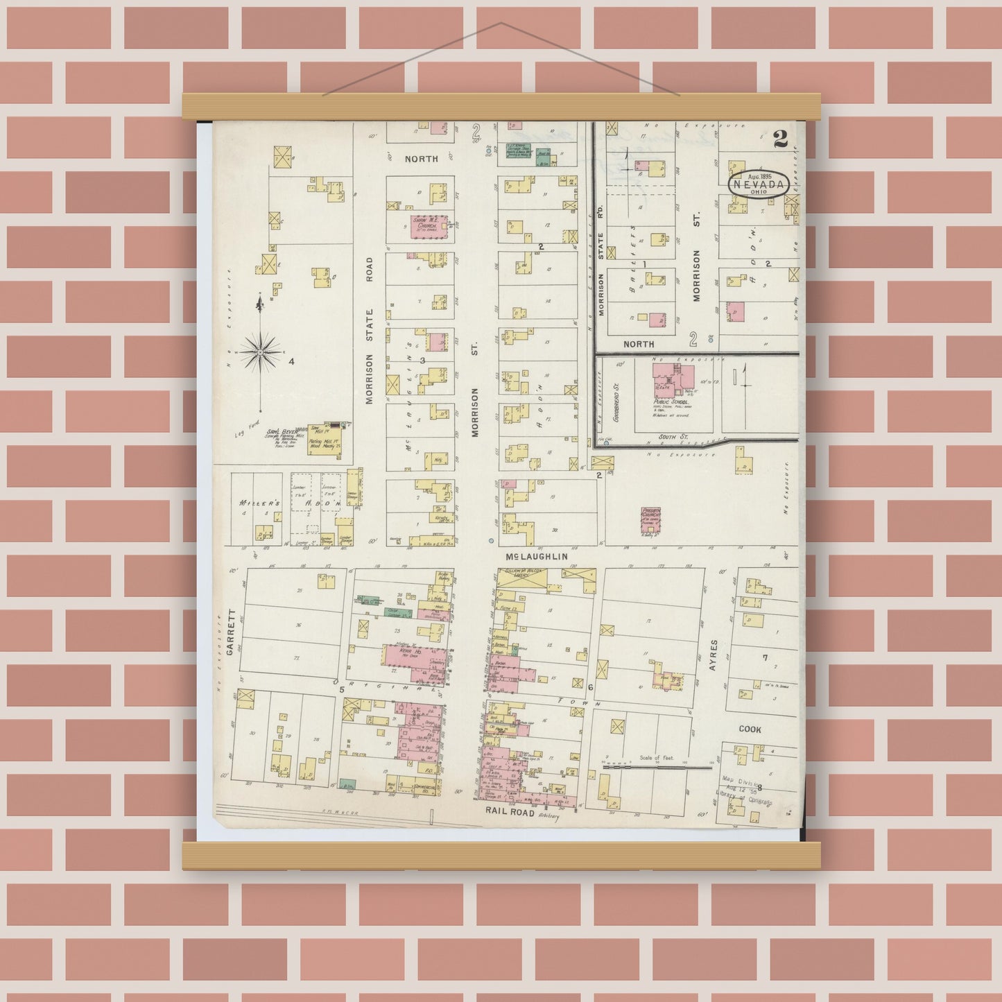 Old map wall art mockup — magnetic wood frame on brick wall — Sanborn Fire Insurance Map from Nevada, Wyandot County, Ohio (1895), Sheet #0002