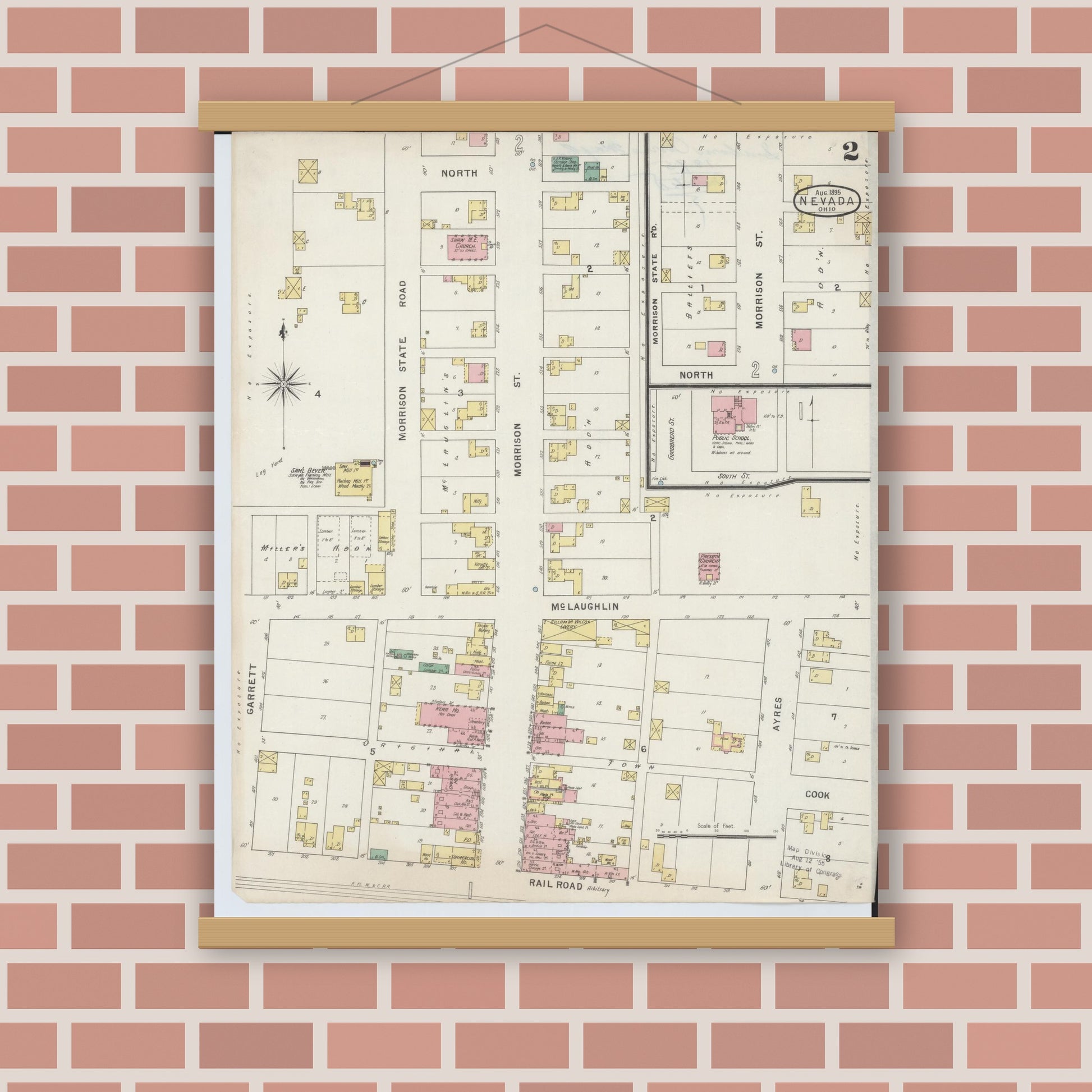 Old map wall art mockup — magnetic wood frame on brick wall — Sanborn Fire Insurance Map from Nevada, Wyandot County, Ohio (1895), Sheet #0002