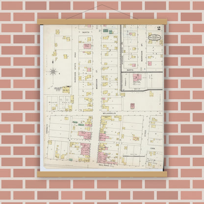 Old map wall art mockup — magnetic wood frame on brick wall — Sanborn Fire Insurance Map from Nevada, Wyandot County, Ohio (1895), Sheet #0002