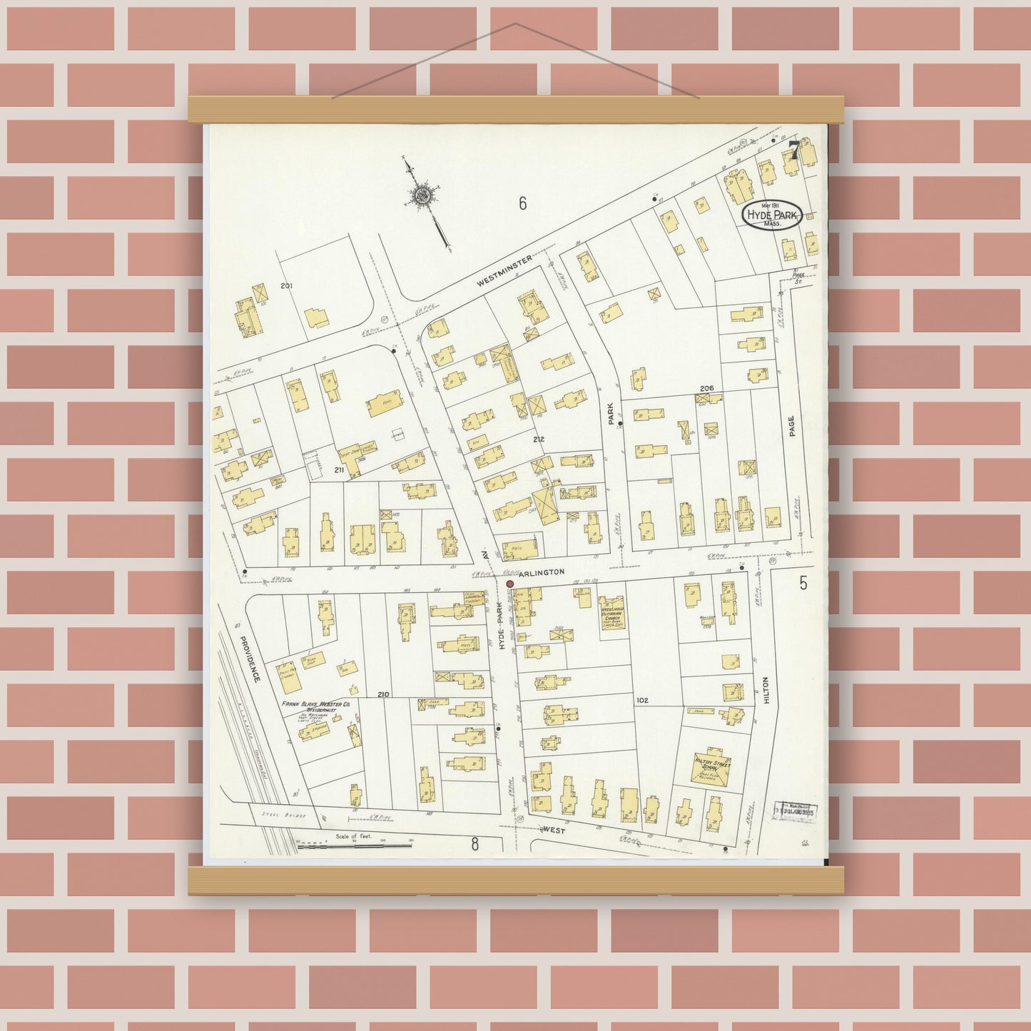 Old map wall art mockup — magnetic wood frame on brick wall — Sanborn Fire Insurance Map from Hyde Park, Norfolk County, Massachusetts (1911), Sheet #0007