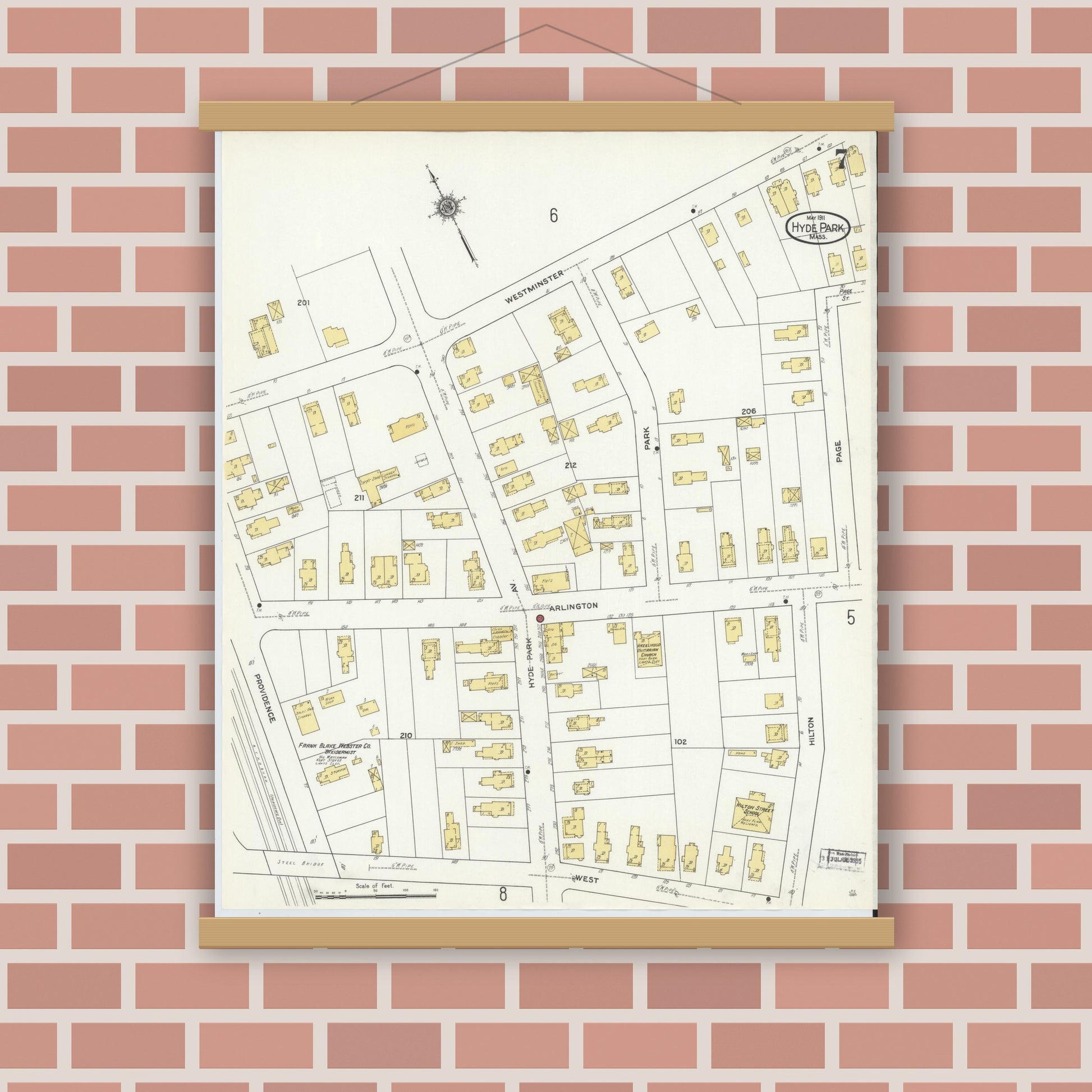 Old map wall art mockup — magnetic wood frame on brick wall — Sanborn Fire Insurance Map from Hyde Park, Norfolk County, Massachusetts (1911), Sheet #0007