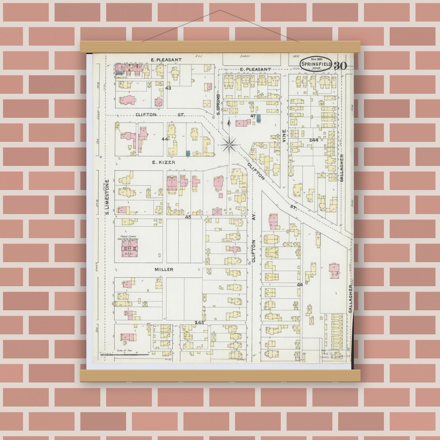 Old map wall art mockup — magnetic wood frame on brick wall — Sanborn Fire Insurance Map from Springfield, Clark County, Ohio (1891), Sheet #0030