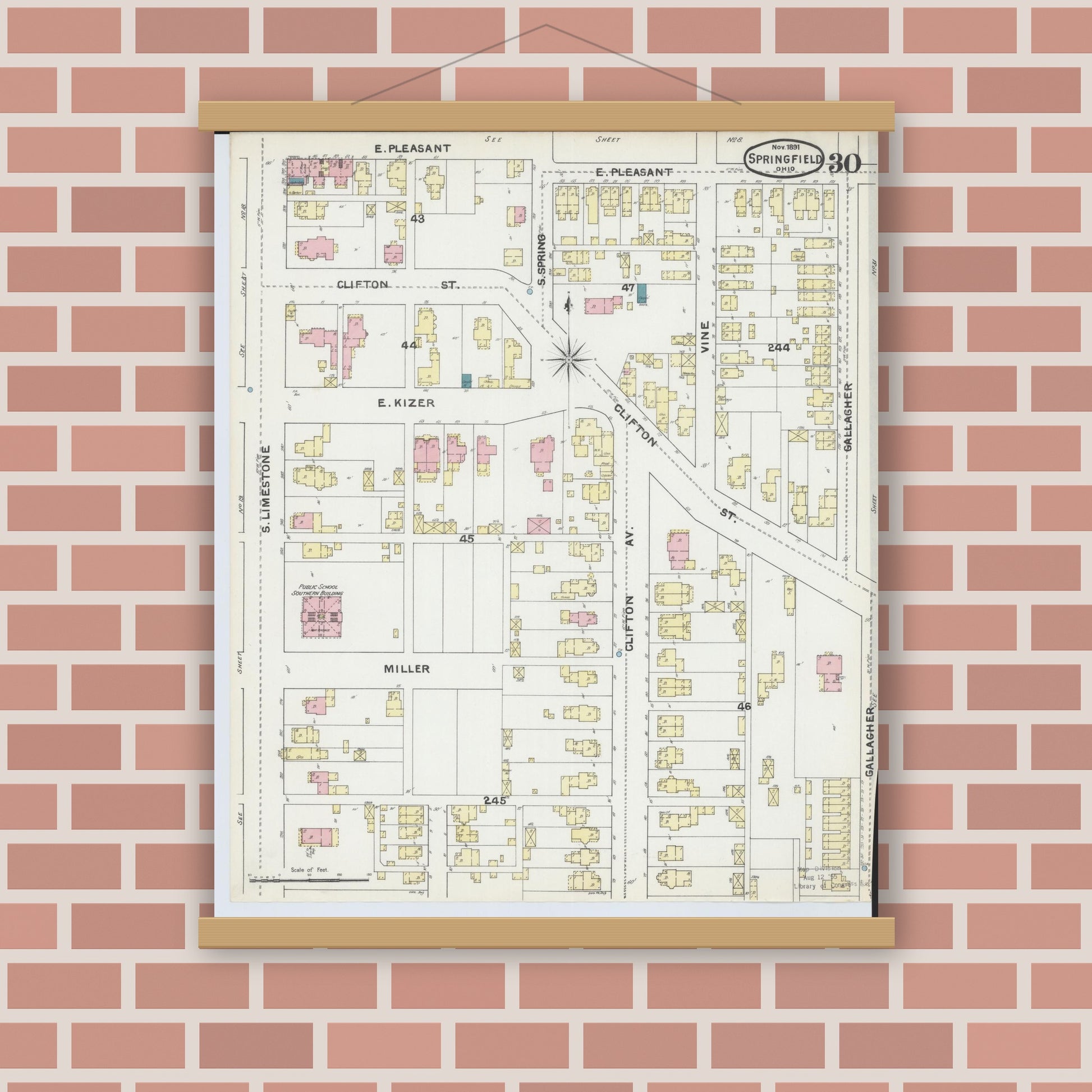 Old map wall art mockup — magnetic wood frame on brick wall — Sanborn Fire Insurance Map from Springfield, Clark County, Ohio (1891), Sheet #0030