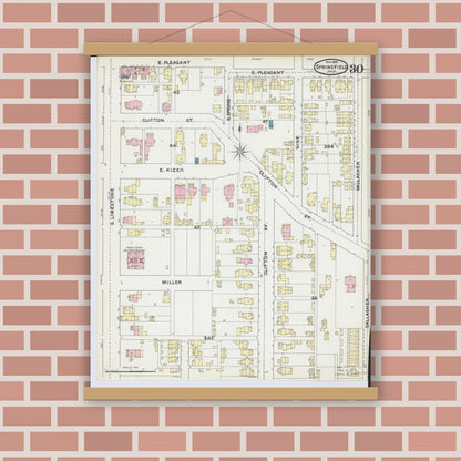 Old map wall art mockup — magnetic wood frame on brick wall — Sanborn Fire Insurance Map from Springfield, Clark County, Ohio (1891), Sheet #0030