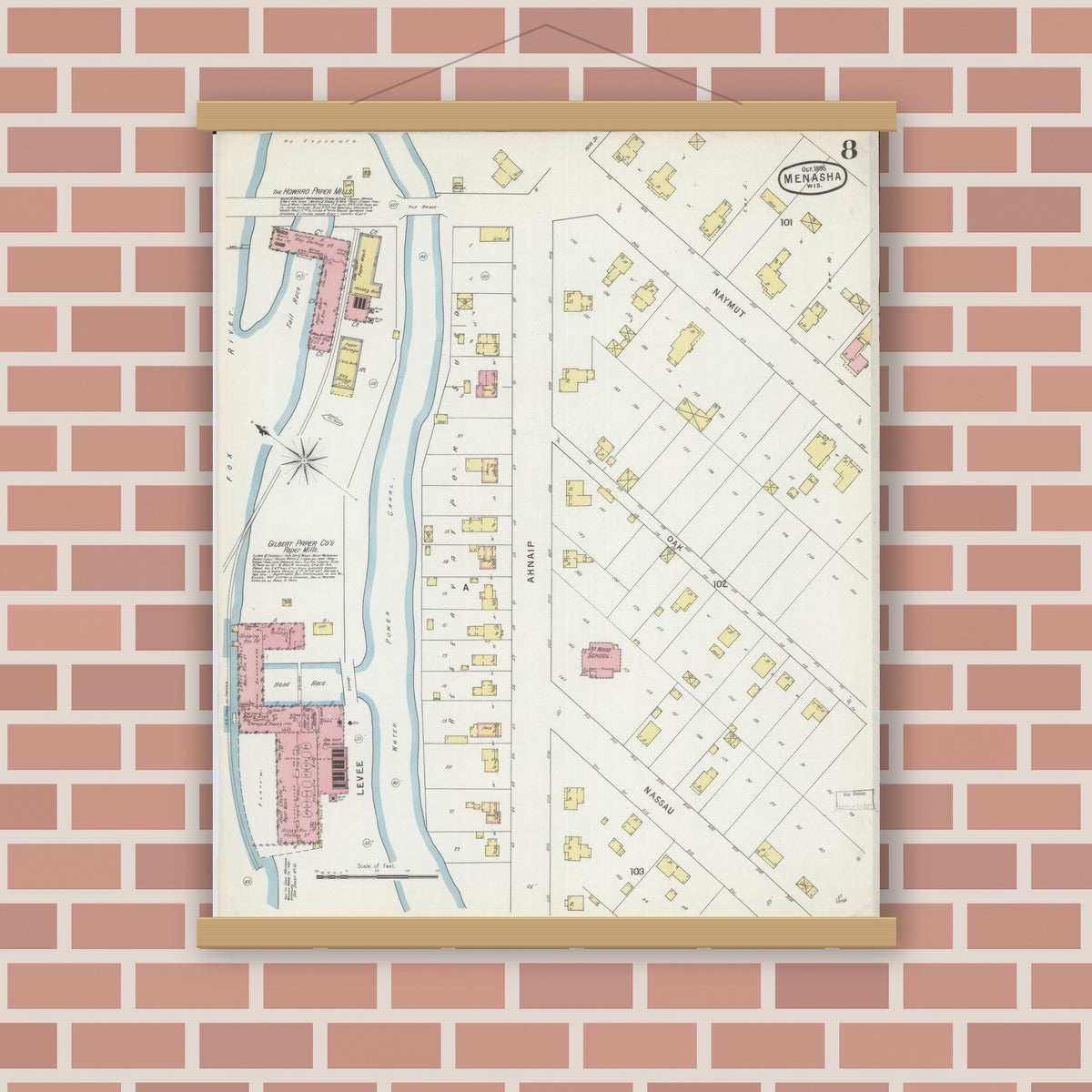 Old map wall art mockup — magnetic wood frame on brick wall — Sanborn Fire Insurance Map from Menasha, Winnebago County, Wisconsin (1895), Sheet #0008