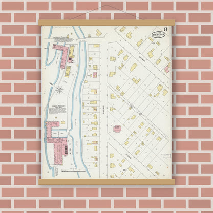 Old map wall art mockup — magnetic wood frame on brick wall — Sanborn Fire Insurance Map from Menasha, Winnebago County, Wisconsin (1895), Sheet #0008