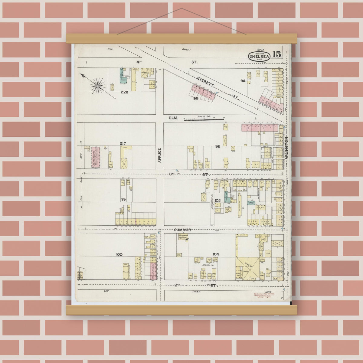 Old map wall art mockup — magnetic wood frame on brick wall — Sanborn Fire Insurance Map from Chelsea, Suffolk County, Massachusetts (1889), Sheet #0015