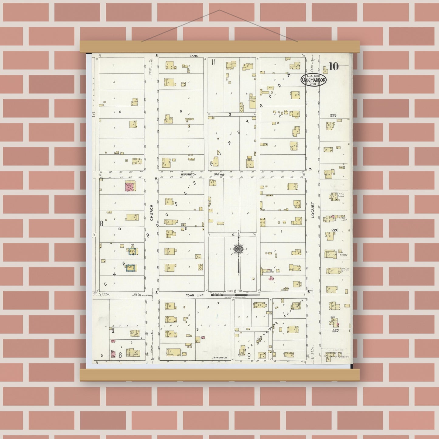 Old map wall art mockup — magnetic wood frame on brick wall — Sanborn Fire Insurance Map from Oak Harbor, Ottawa County, Ohio (1920), Sheet #0010