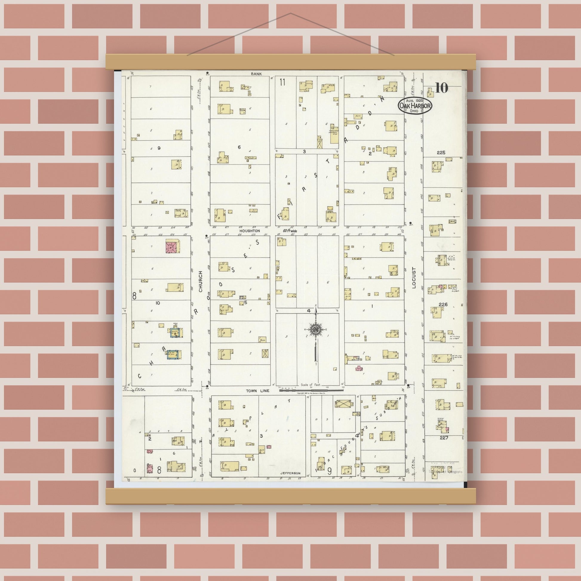 Old map wall art mockup — magnetic wood frame on brick wall — Sanborn Fire Insurance Map from Oak Harbor, Ottawa County, Ohio (1920), Sheet #0010