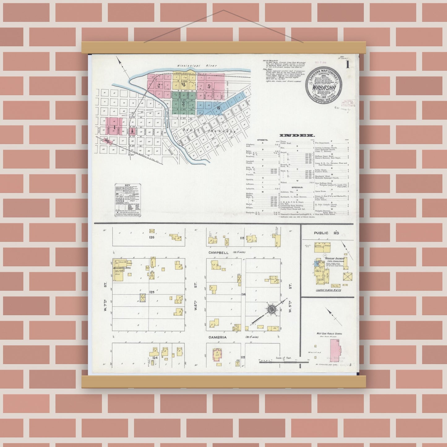 Old map wall art mockup — magnetic wood frame on brick wall — Sanborn Fire Insurance Map from Wabasha, Wabasha County, Minnesota (1910) - Complete Map Set