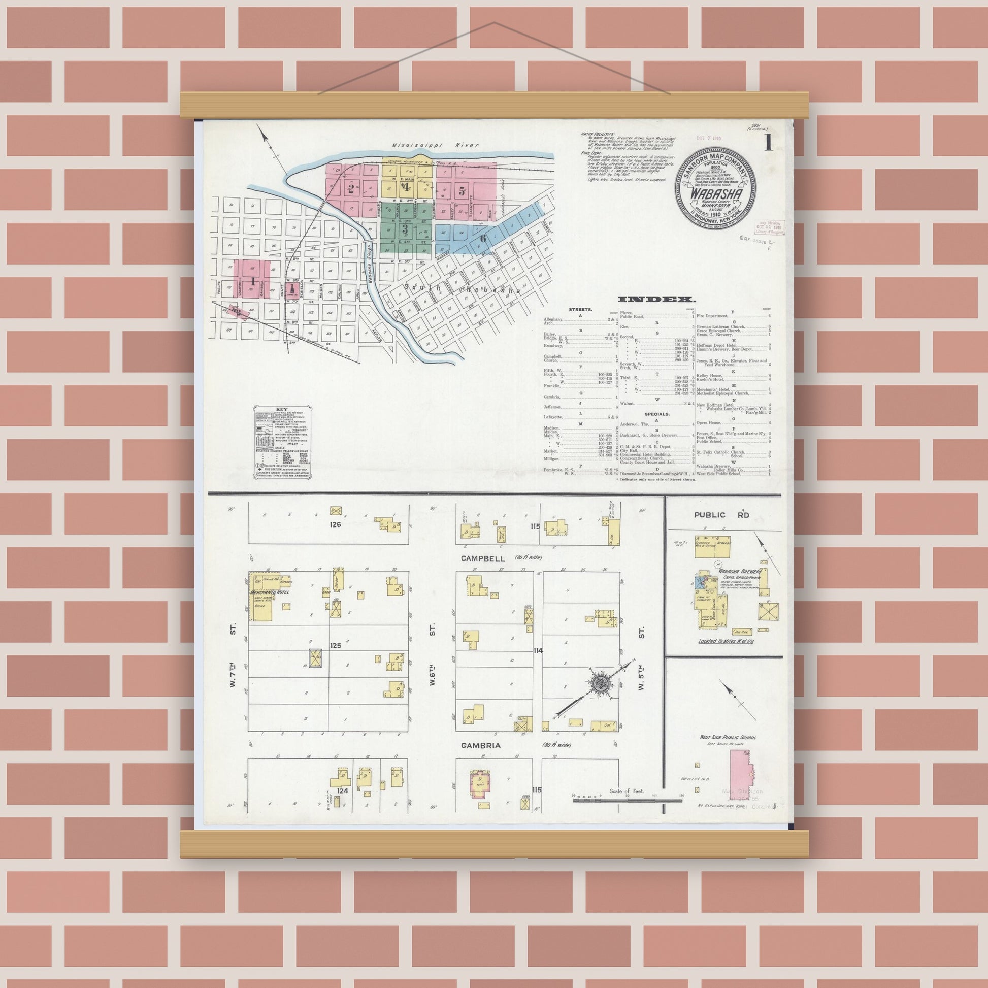 Old map wall art mockup — magnetic wood frame on brick wall — Sanborn Fire Insurance Map from Wabasha, Wabasha County, Minnesota (1910) - Complete Map Set