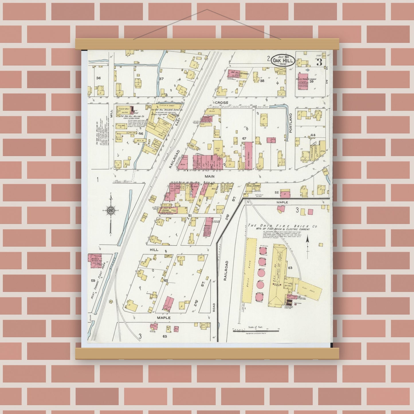 Old map wall art mockup — magnetic wood frame on brick wall — Sanborn Fire Insurance Map from Oak Hill, Jackson County, Ohio (1921), Sheet #0003