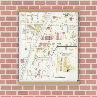 Old map wall art mockup — magnetic wood frame on brick wall — Sanborn Fire Insurance Map from Oak Hill, Jackson County, Ohio (1921), Sheet #0003