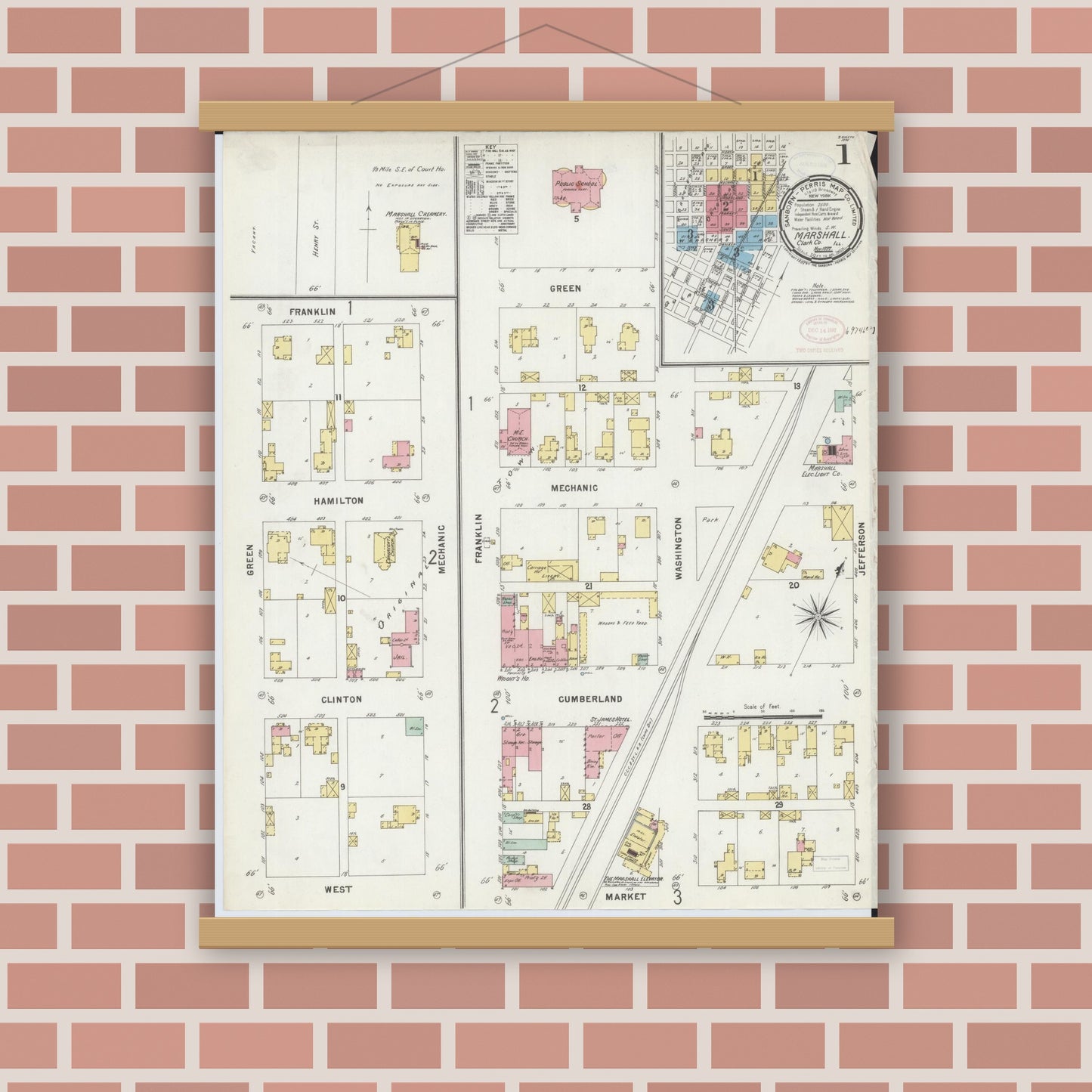 Old map wall art mockup — magnetic wood frame on brick wall — Sanborn Fire Insurance Map from Marshall, Clark County, Illinois (1897) - Complete Map Set