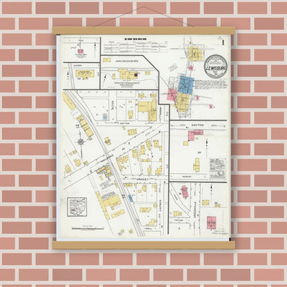 Old map wall art mockup — magnetic wood frame on brick wall — Sanborn Fire Insurance Map from Lewisburg, Preble County, Ohio (1920) - Complete Map Set
