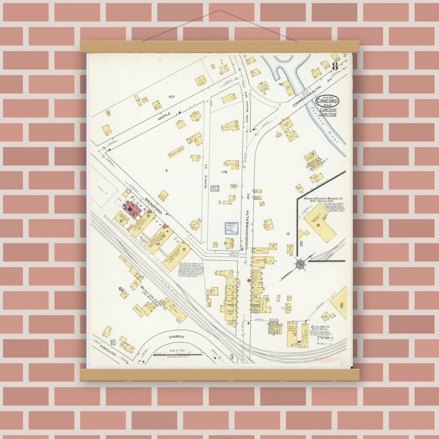 Old map wall art mockup — magnetic wood frame on brick wall — Sanborn Fire Insurance Map from Concord, Middlesex County, Massachusetts (1918), Sheet #0008