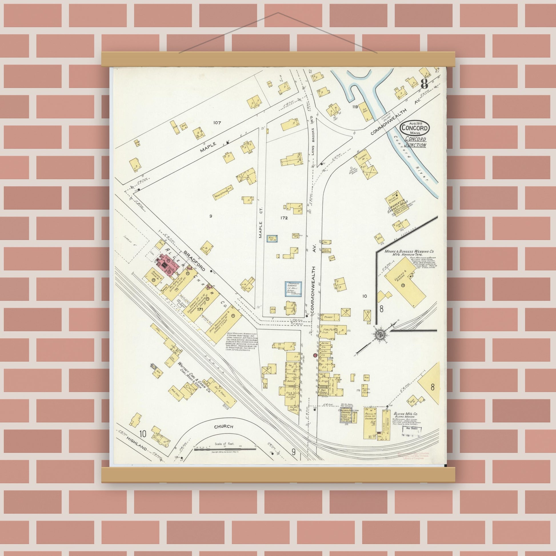 Old map wall art mockup — magnetic wood frame on brick wall — Sanborn Fire Insurance Map from Concord, Middlesex County, Massachusetts (1918), Sheet #0008