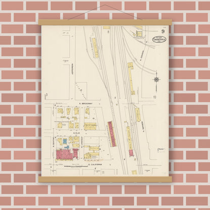 Old map wall art mockup — magnetic wood frame on brick wall — Sanborn Fire Insurance Map from Gainesville, Cooke County, Texas (1922), Sheet #0009