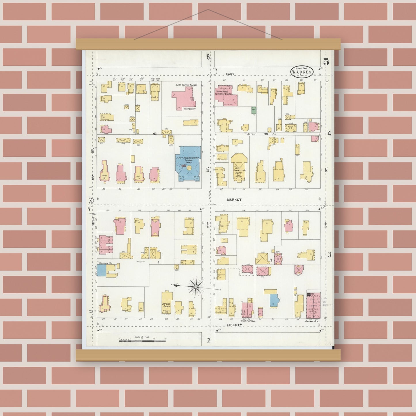 Old map wall art mockup — magnetic wood frame on brick wall — Sanborn Fire Insurance Map from Warren, Warren County, Pennsylvania (1904), Sheet #0005
