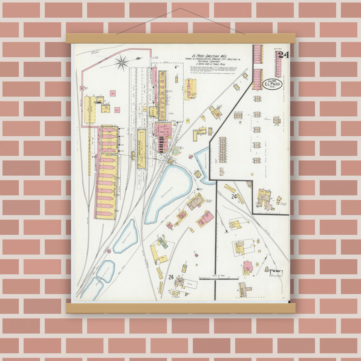 Old map wall art mockup — magnetic wood frame on brick wall — Sanborn Fire Insurance Map from El Paso, El Paso County, Texas (1900), Sheet #0024