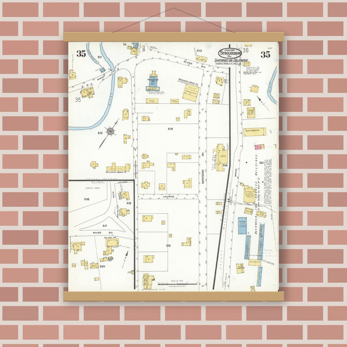 Old map wall art mockup — magnetic wood frame on brick wall — Sanborn Fire Insurance Map from Stroudsburg, Monroe County, Pennsylvania (1923), Sheet #0035