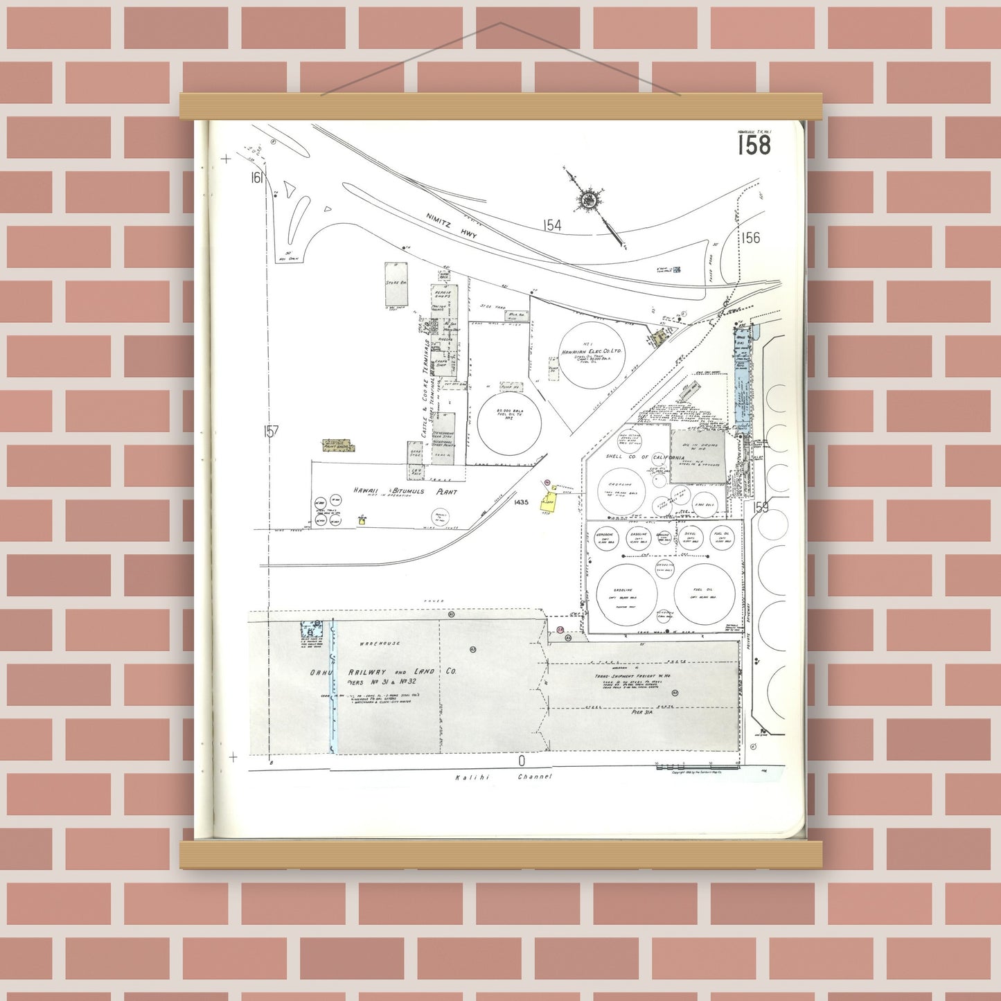Old map wall art mockup — magnetic wood frame on brick wall — Sanborn Fire Insurance Map from Honolulu, Oahu County, Hawaii (1955), Sheet #0158