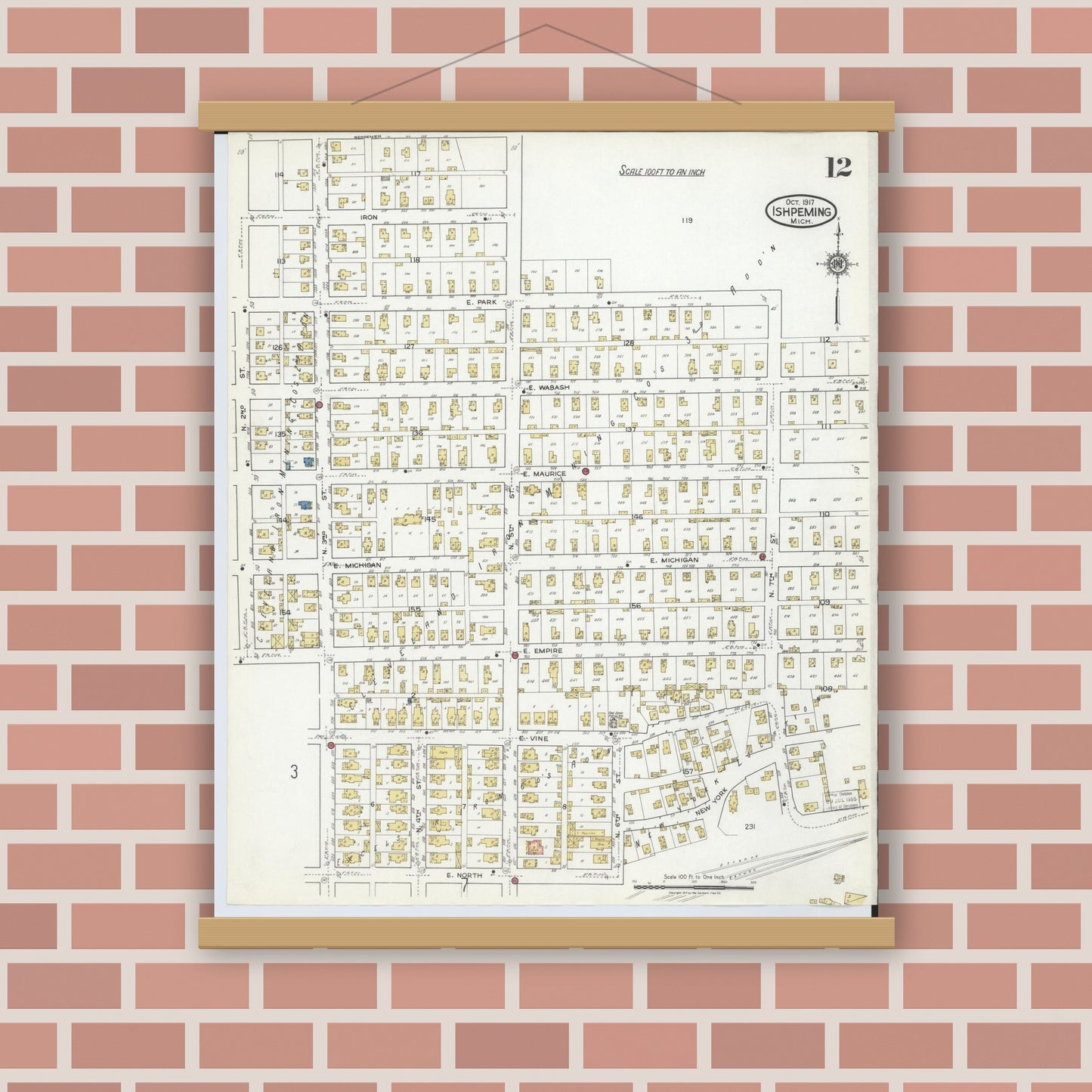 Old map wall art mockup — magnetic wood frame on brick wall — Sanborn Fire Insurance Map from Ishpeming, Marquette County, Michigan (1917), Sheet #0012