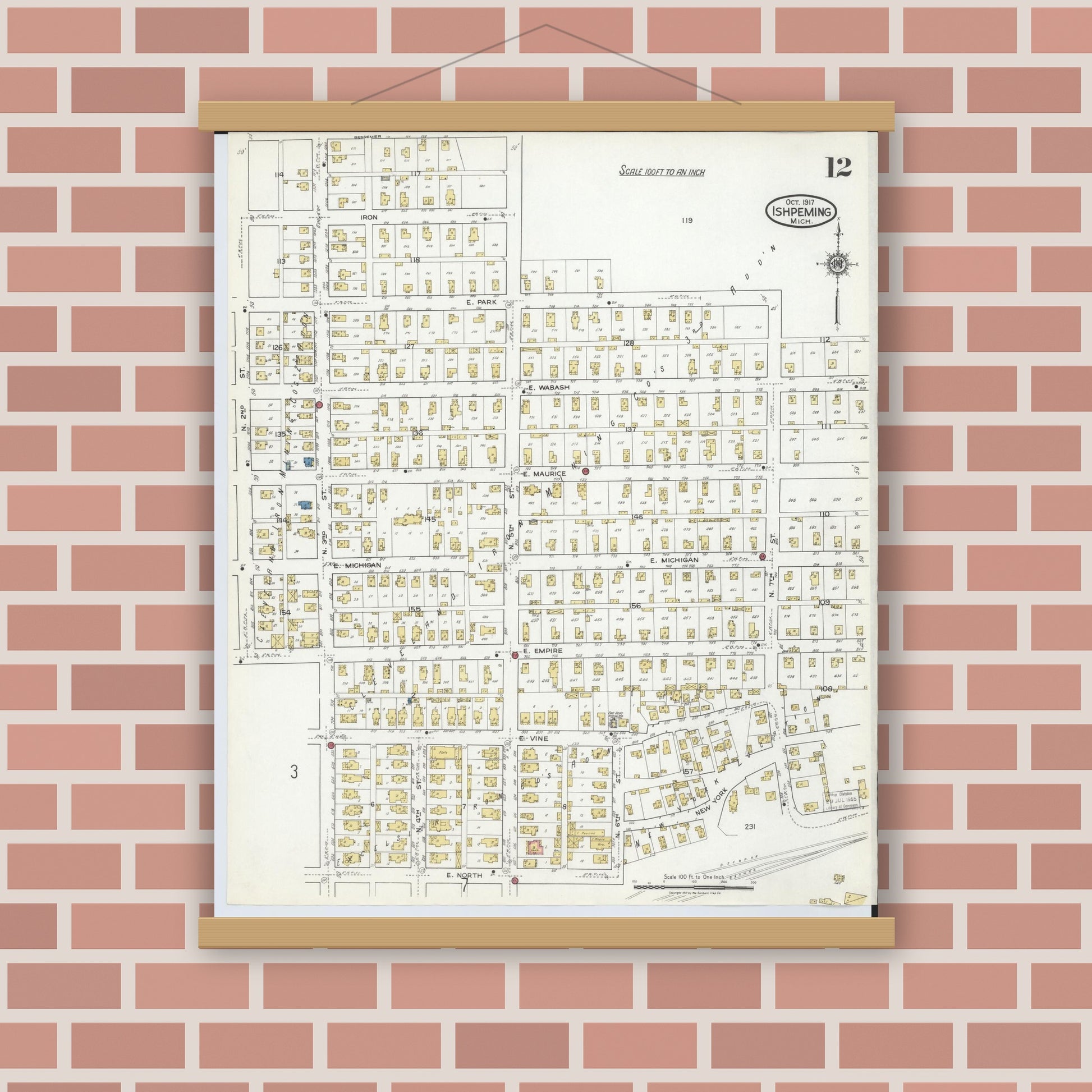 Old map wall art mockup — magnetic wood frame on brick wall — Sanborn Fire Insurance Map from Ishpeming, Marquette County, Michigan (1917), Sheet #0012