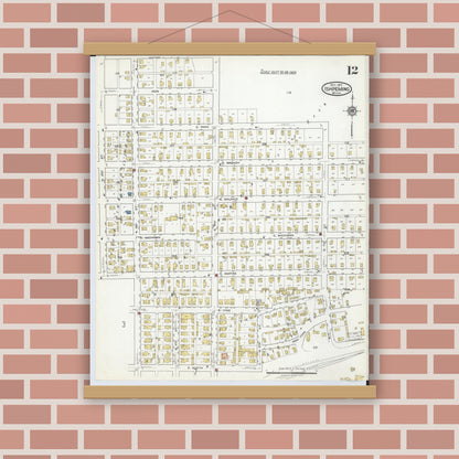 Old map wall art mockup — magnetic wood frame on brick wall — Sanborn Fire Insurance Map from Ishpeming, Marquette County, Michigan (1917), Sheet #0012